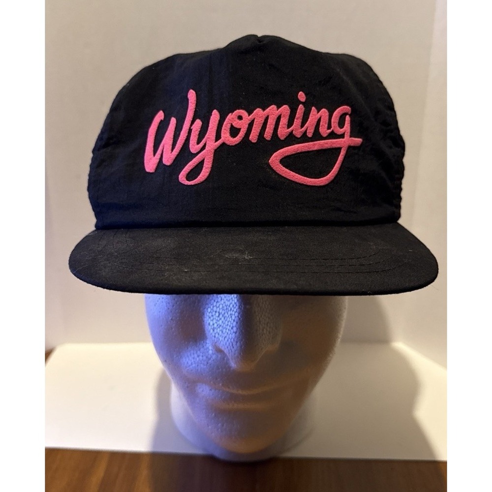 Wyoming Snapback Trucker Hat‎ Black One Size Adjustable Pink Writing Vintage